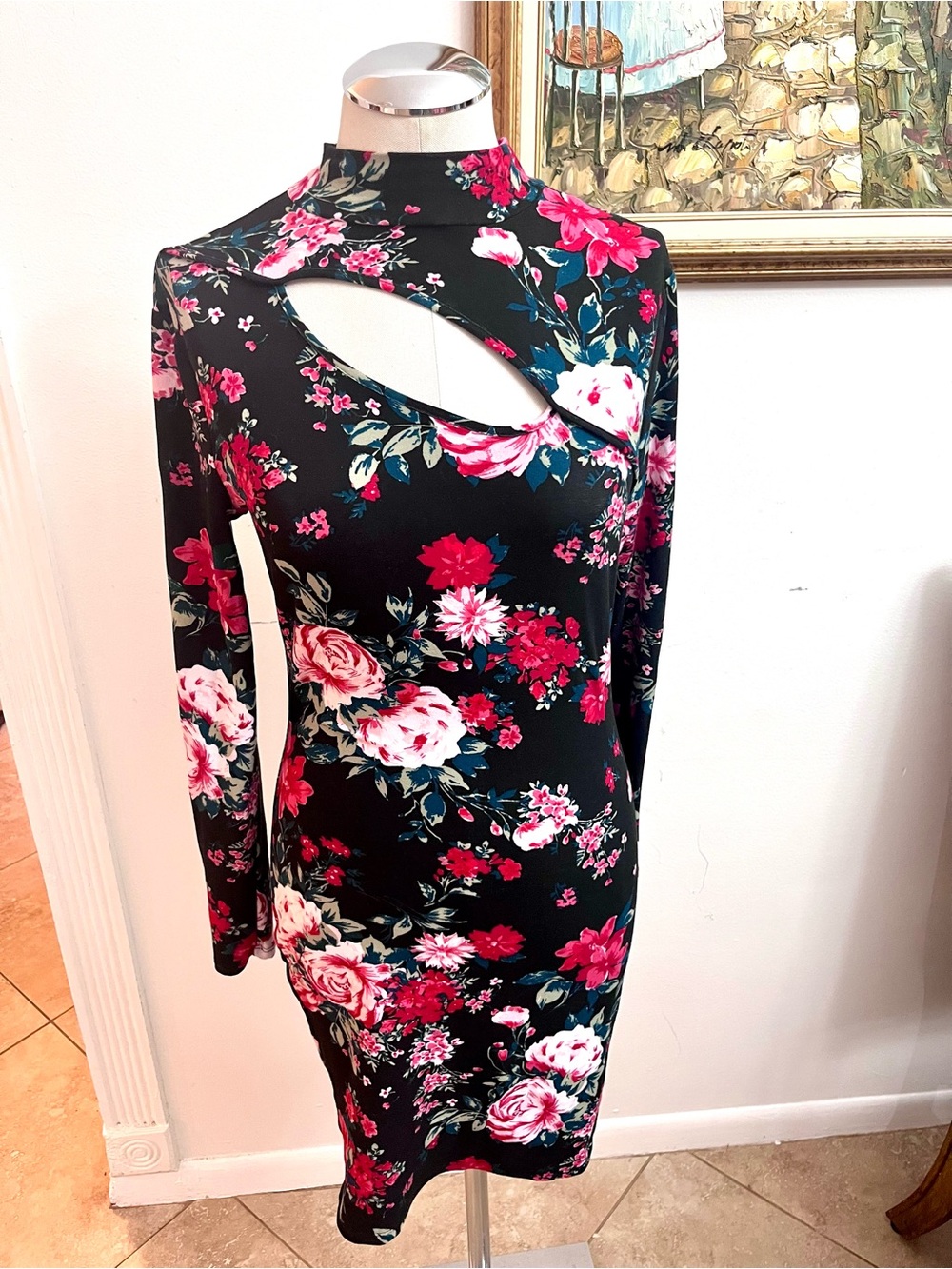 Derek Heart Black Floral Long Sleeve Cutout Bodycon Dress
